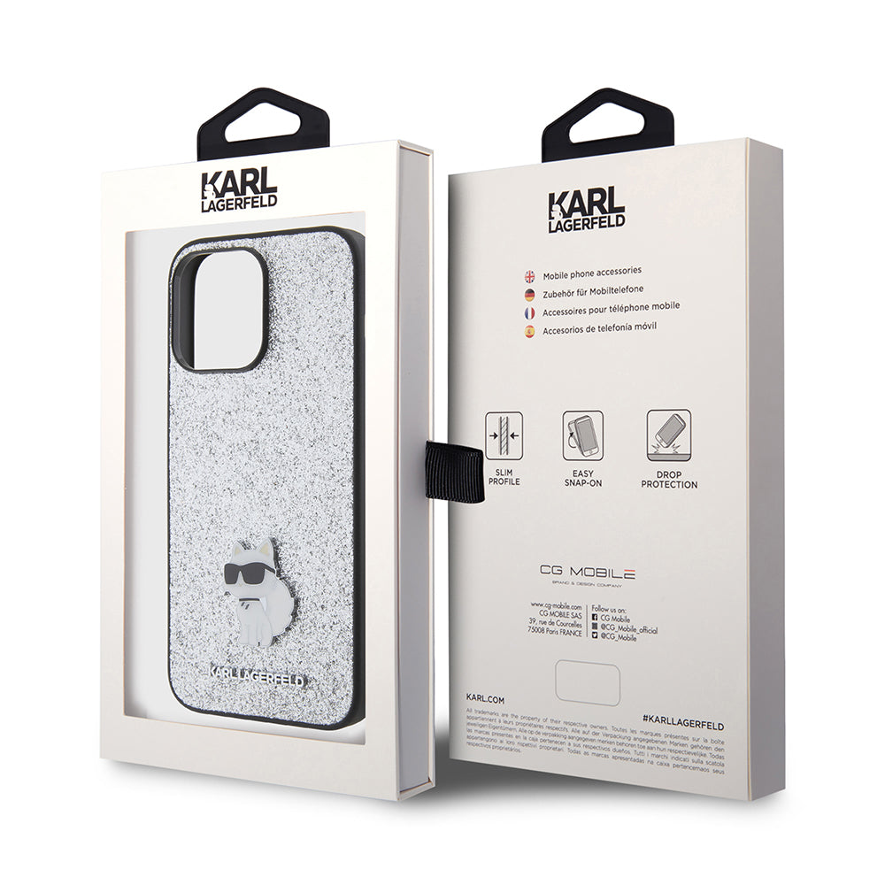 Case for Apple iPhone 15 Pro Max, Karl Lagerfeld, Glitter Fixed Choupette Logo, Silver