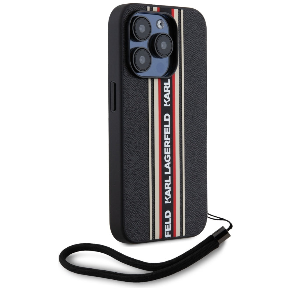 Hülle für Apple iPhone 15 Pro Max, Karl Lagerfeld, Saffiano Athleisure Stripes with Strap, Rosie