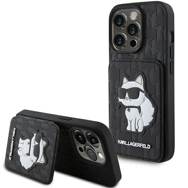 Hülle für Apple iPhone 15 Pro Max, Karl Lagerfeld, Saffiano Kartenfächer und Ständer Monogramm Choupette, Schwarz
