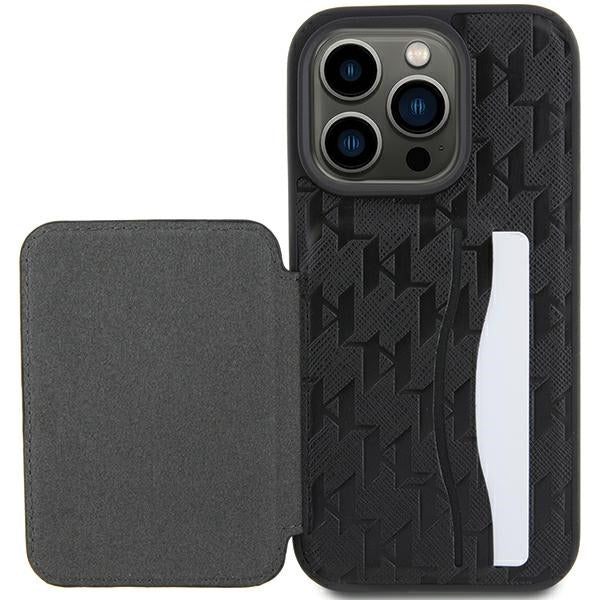 Hülle für Apple iPhone 15 Pro Max, Karl Lagerfeld, Saffiano Kartenfächer und Ständer Monogramm Choupette, Schwarz