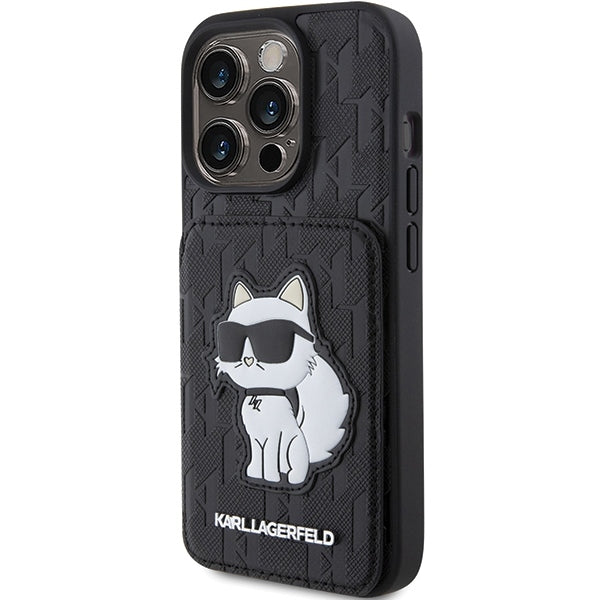 Hülle für Apple iPhone 15 Pro Max, Karl Lagerfeld, Saffiano Kartenfächer und Ständer Monogramm Choupette, Schwarz