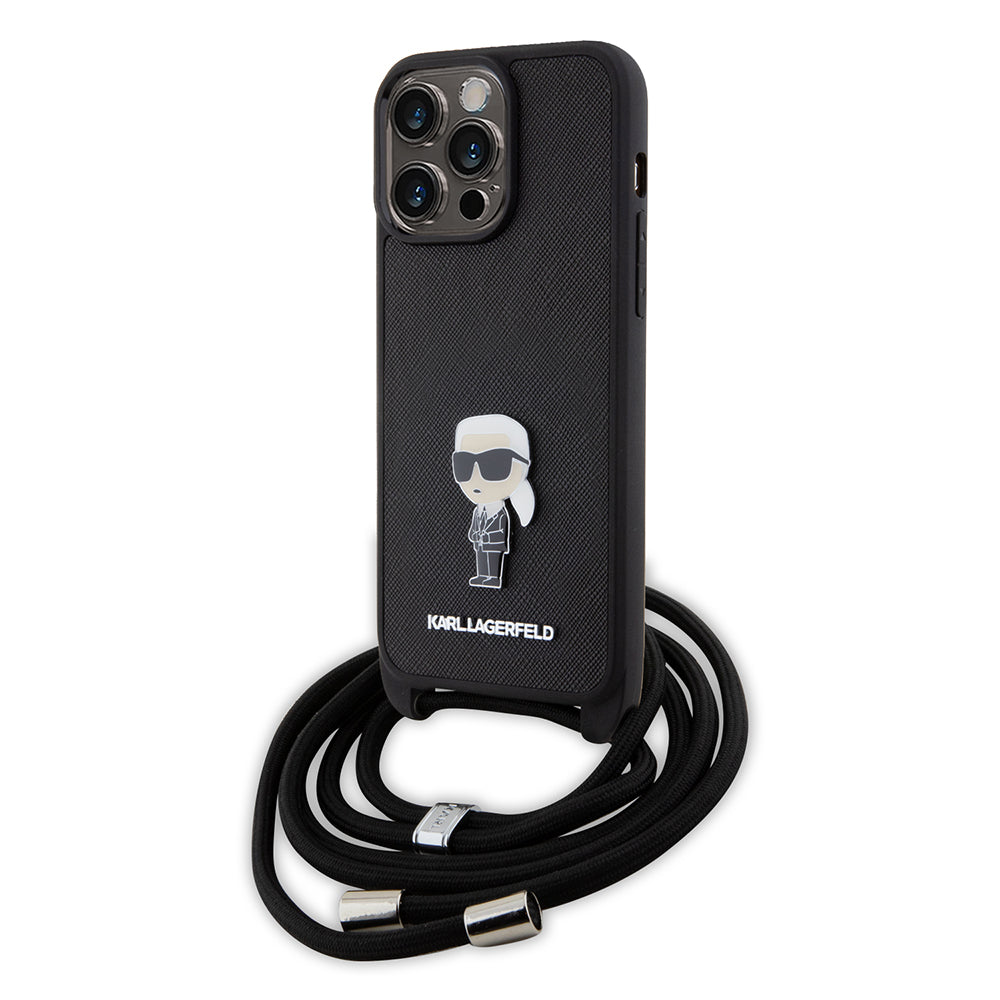 Hülle für Apple iPhone 15 Pro Max, Karl Lagerfeld, Saffiano Crossbody Monogram Metal Pin Karl, Schwarz