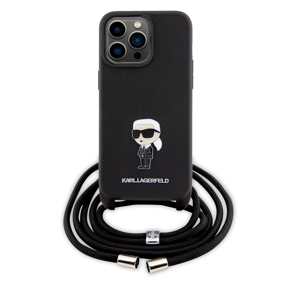 Hülle für Apple iPhone 15 Pro Max, Karl Lagerfeld, Saffiano Crossbody Monogram Metal Pin Karl, Schwarz