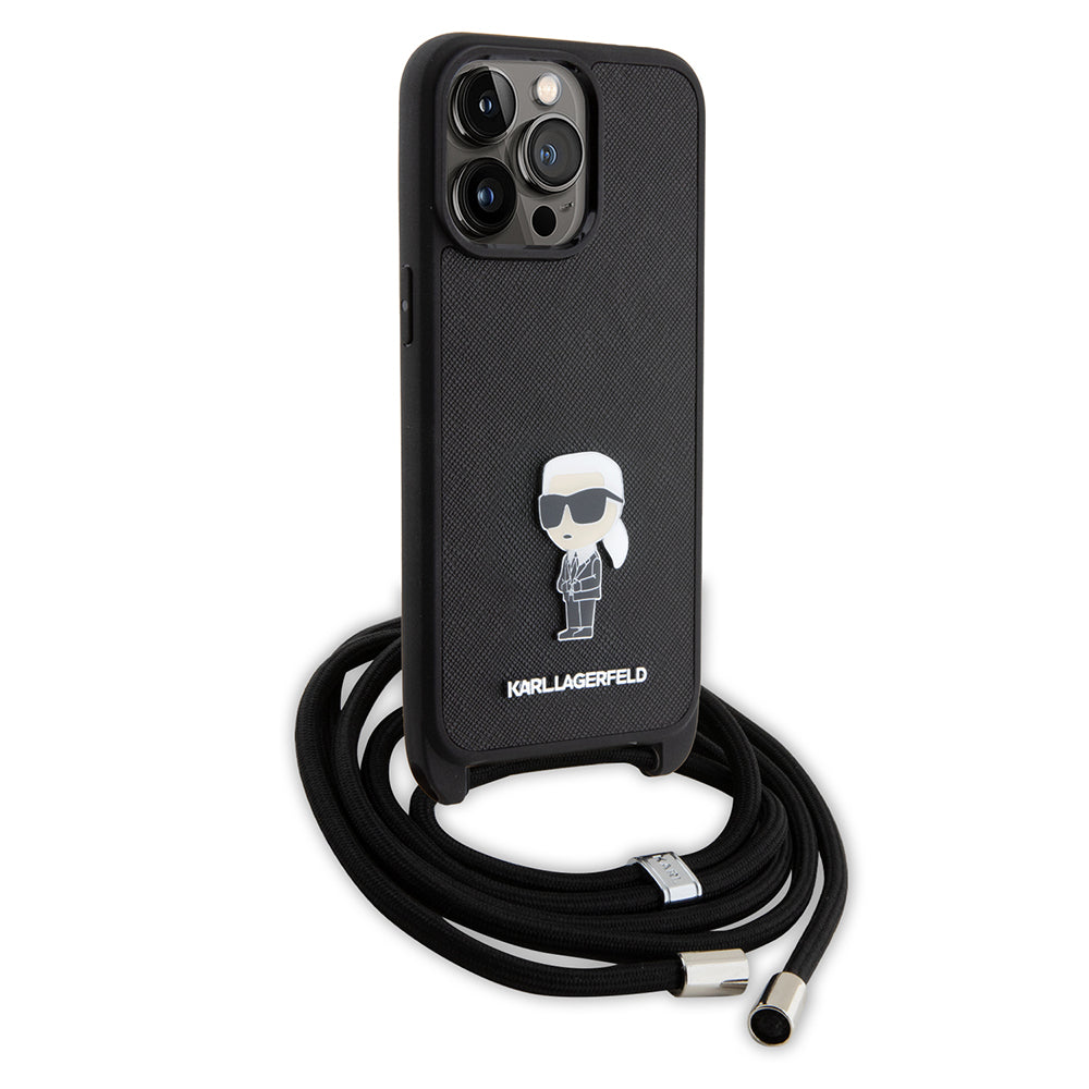 Hülle für Apple iPhone 15 Pro Max, Karl Lagerfeld, Saffiano Crossbody Monogram Metal Pin Karl, Schwarz