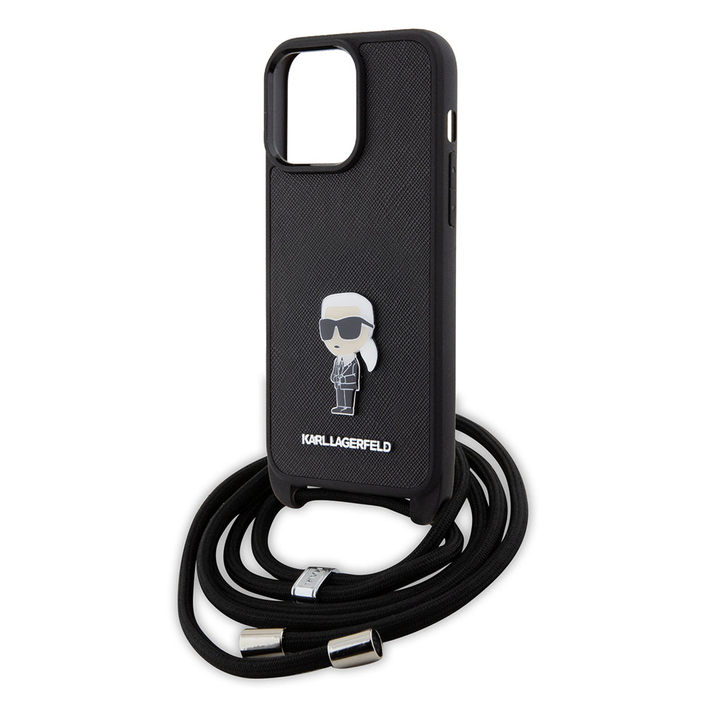 Hülle für Apple iPhone 15 Pro Max, Karl Lagerfeld, Saffiano Crossbody Monogram Metal Pin Karl, Schwarz
