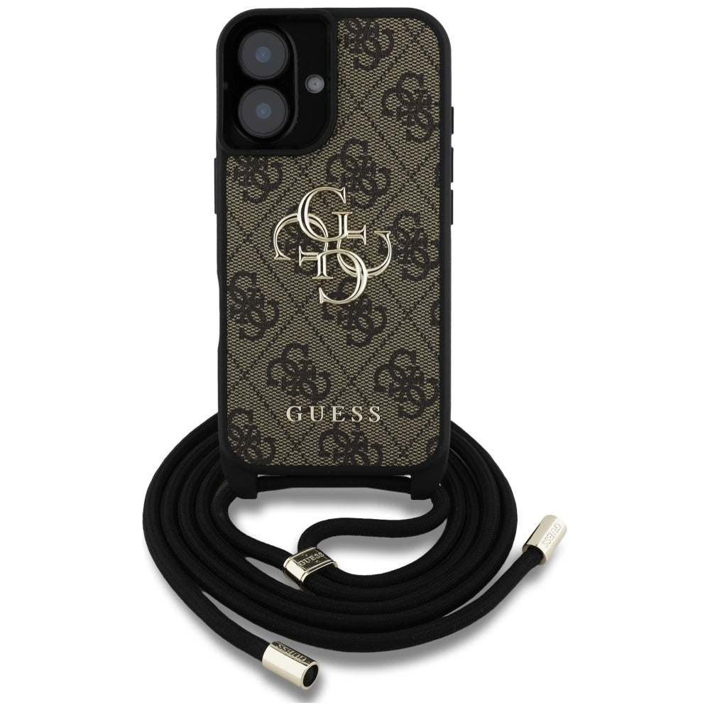 Hülle für Apple iPhone 16, Guess, 4G CBDY Big Logo mit Kordelband, Braun