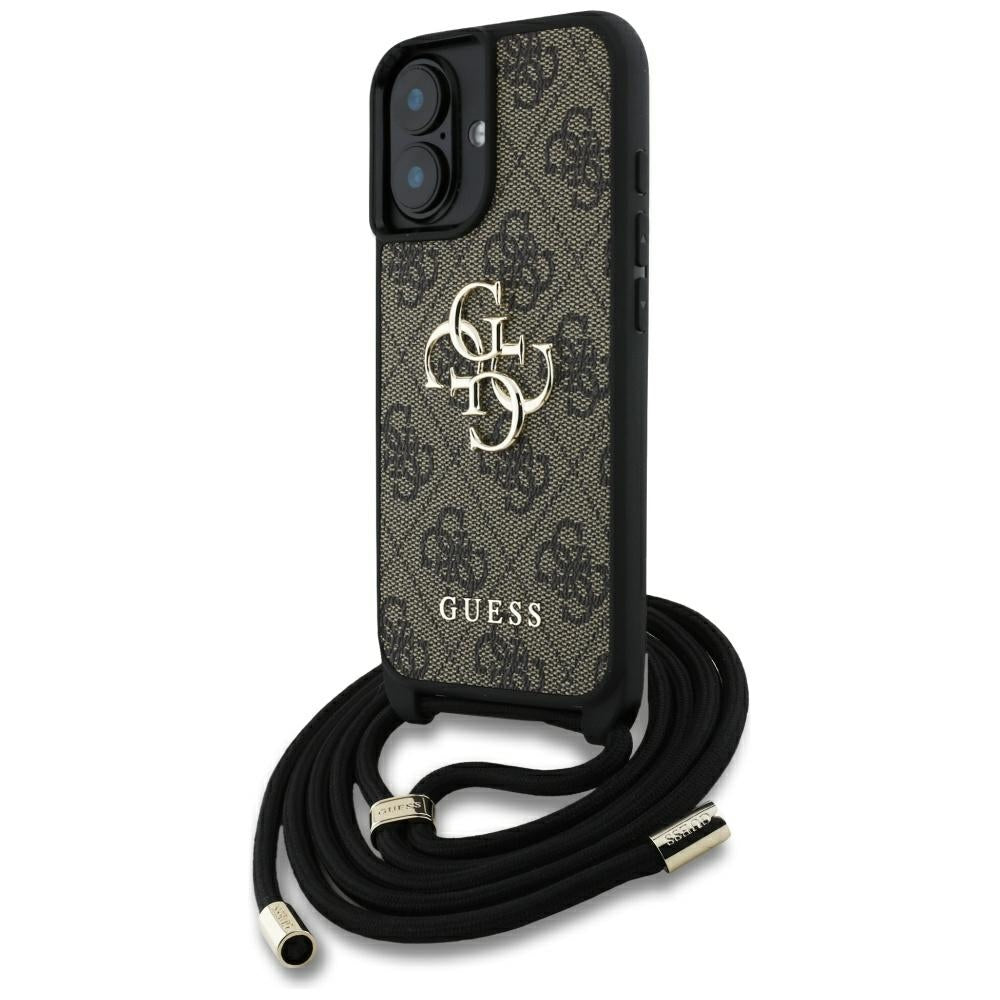 Hülle für Apple iPhone 16, Guess, 4G CBDY Big Logo mit Kordelband, Braun