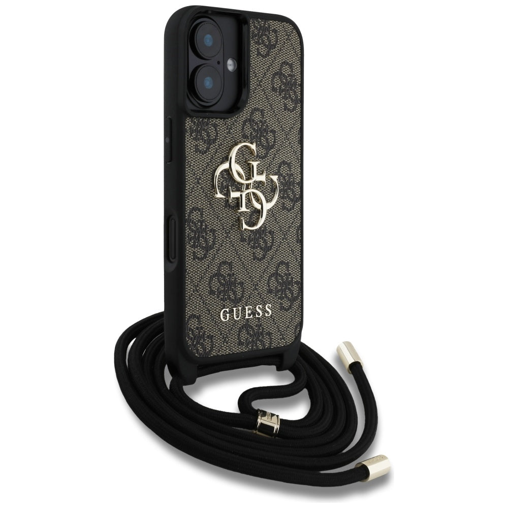 Hülle für Apple iPhone 16, Guess, 4G CBDY Big Logo mit Kordelband, Braun