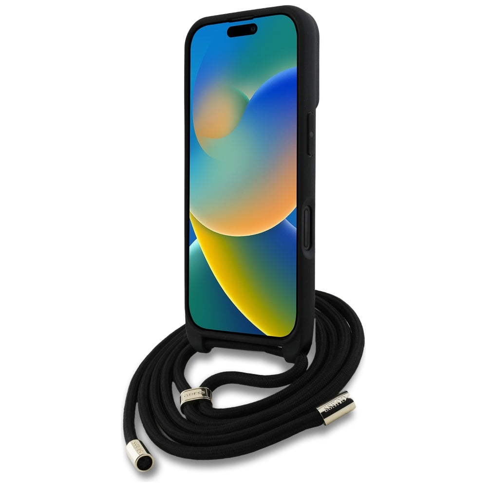 Hülle für Apple iPhone 16, Guess, 4G CBDY Big Logo mit Kordelband, Braun