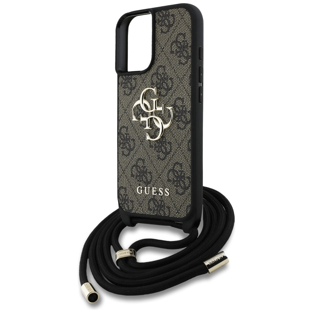 Hülle für Apple iPhone 16, Guess, 4G CBDY Big Logo mit Kordelband, Braun