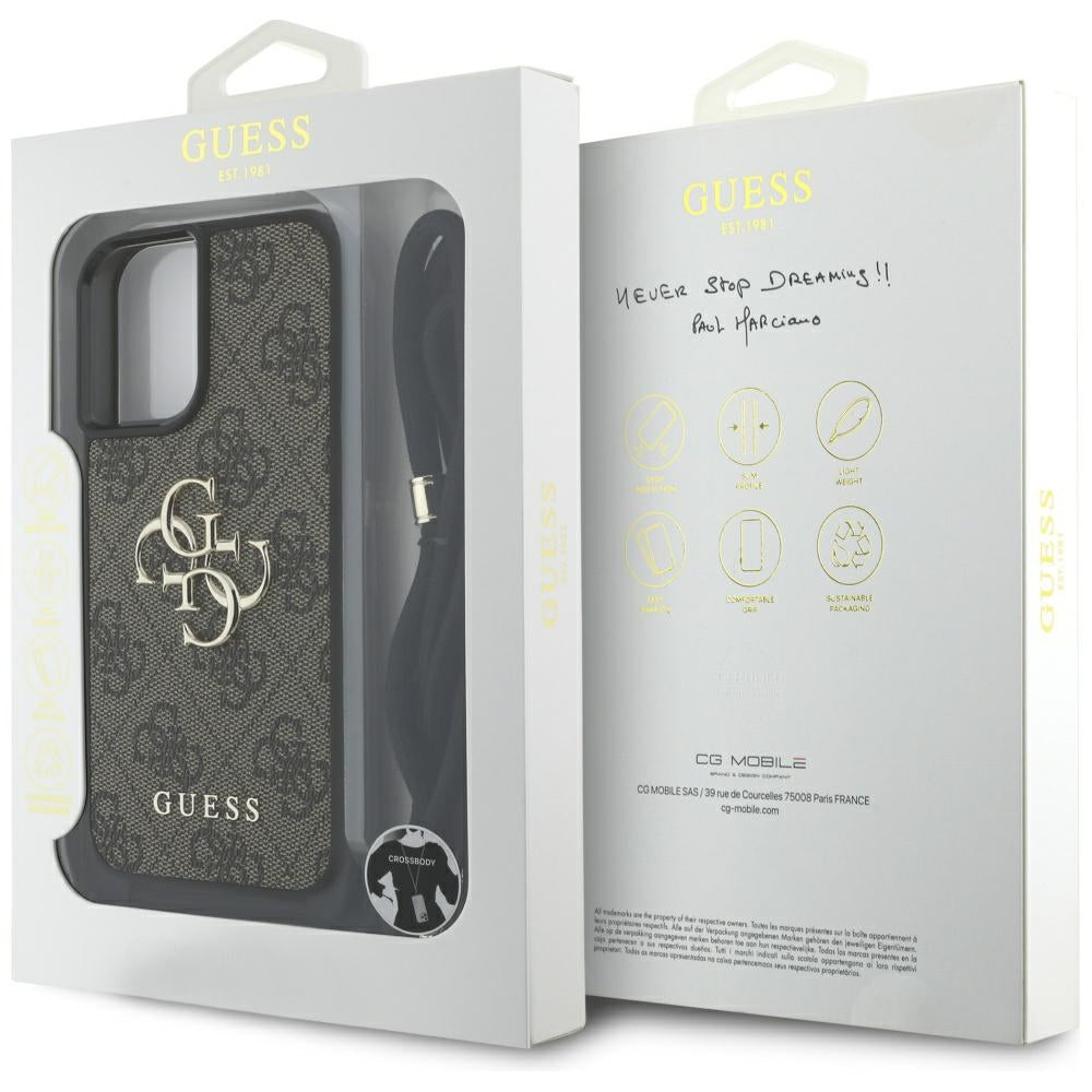 Hülle für Apple iPhone 16, Guess, 4G CBDY Big Logo mit Kordelband, Braun