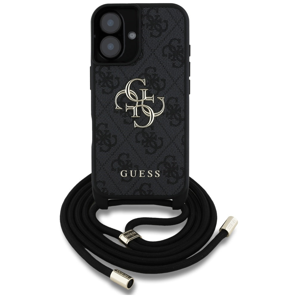 Hülle für Apple iPhone 16, Guess, 4G CBDY Big Logo mit Kordelband, Schwarz