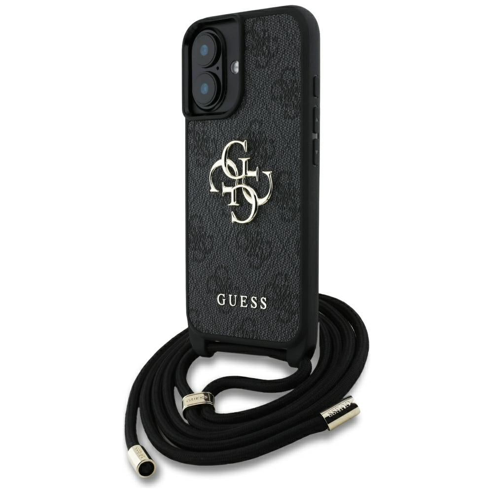 Hülle für Apple iPhone 16, Guess, 4G CBDY Big Logo mit Kordelband, Schwarz