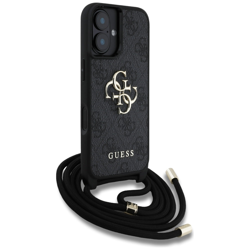 Hülle für Apple iPhone 16, Guess, 4G CBDY Big Logo mit Kordelband, Schwarz