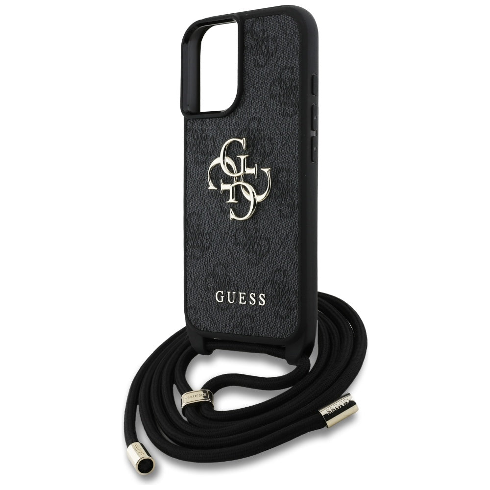 Hülle für Apple iPhone 16, Guess, 4G CBDY Big Logo mit Kordelband, Schwarz