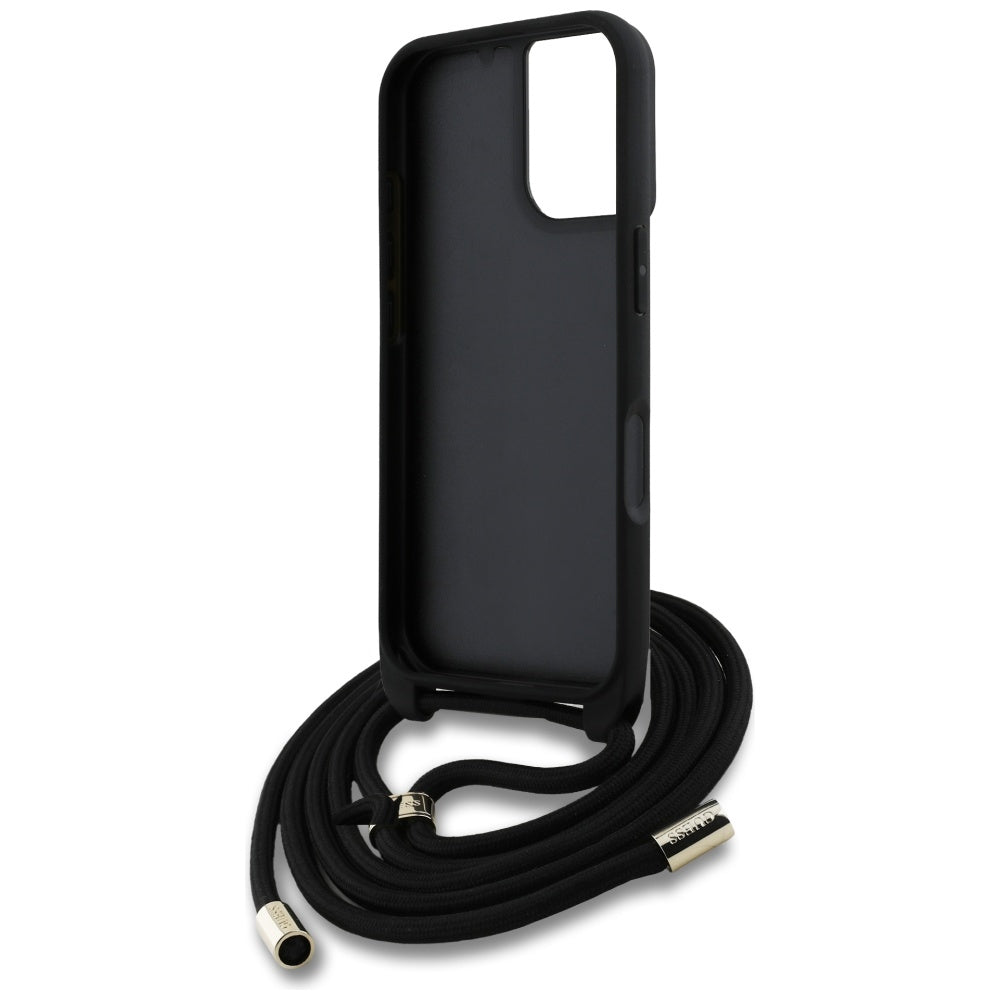 Hülle für Apple iPhone 16, Guess, 4G CBDY Big Logo mit Kordelband, Schwarz