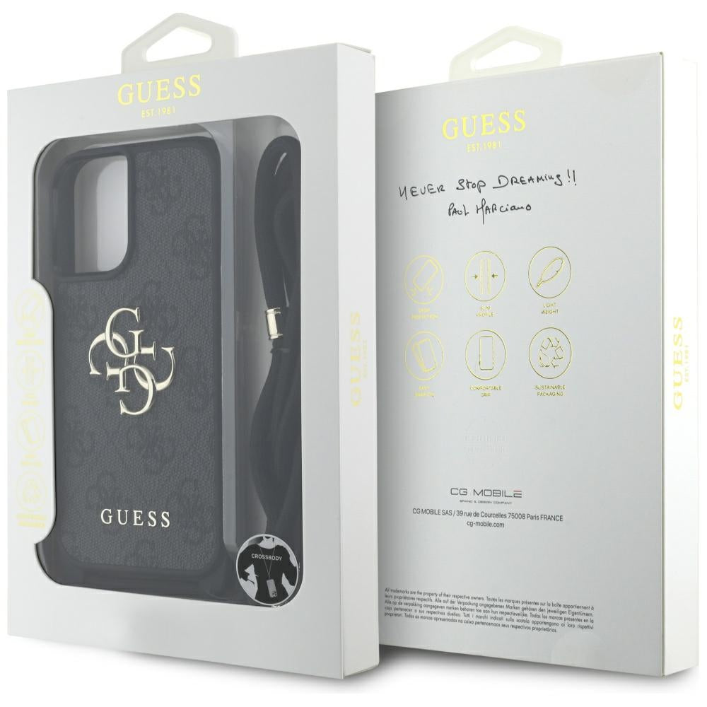 Hülle für Apple iPhone 16, Guess, 4G CBDY Big Logo mit Kordelband, Schwarz
