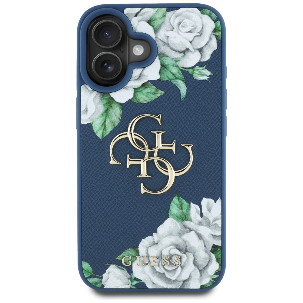 Hülle für Apple iPhone 16, Guess, 4G Grained Roses Big Logo, Blau
