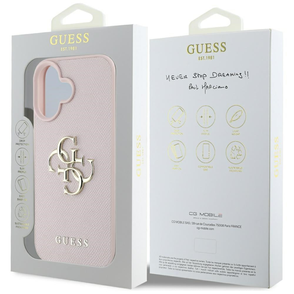 Hülle für Apple iPhone 16, Guess, Grained Big 4G Logo Small Classic Logo, Rosa