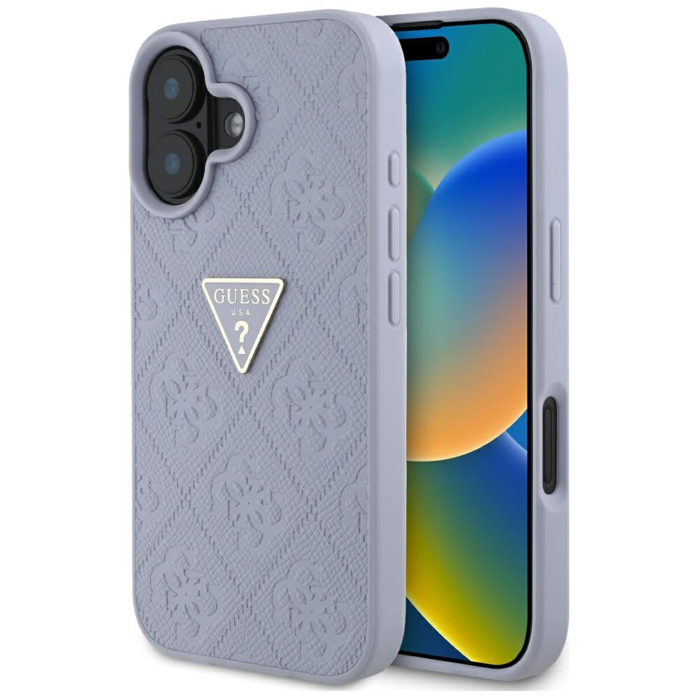 Hülle für Apple iPhone 16, Guess, Hot Stamp 4G Pattern Triangle Logo, Helles Lila