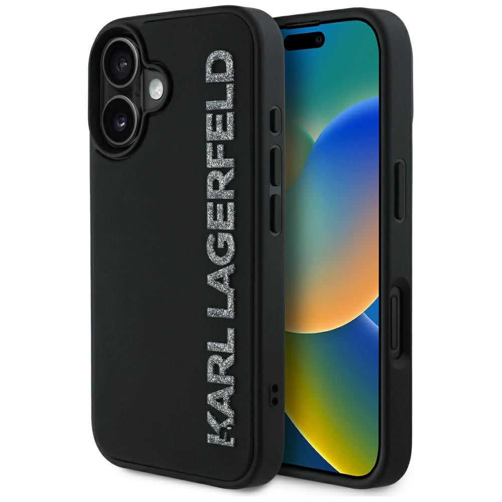 Case for Apple iPhone 16, Karl Lagerfeld, 3D Rubber Elongated Glitter Logo, Black