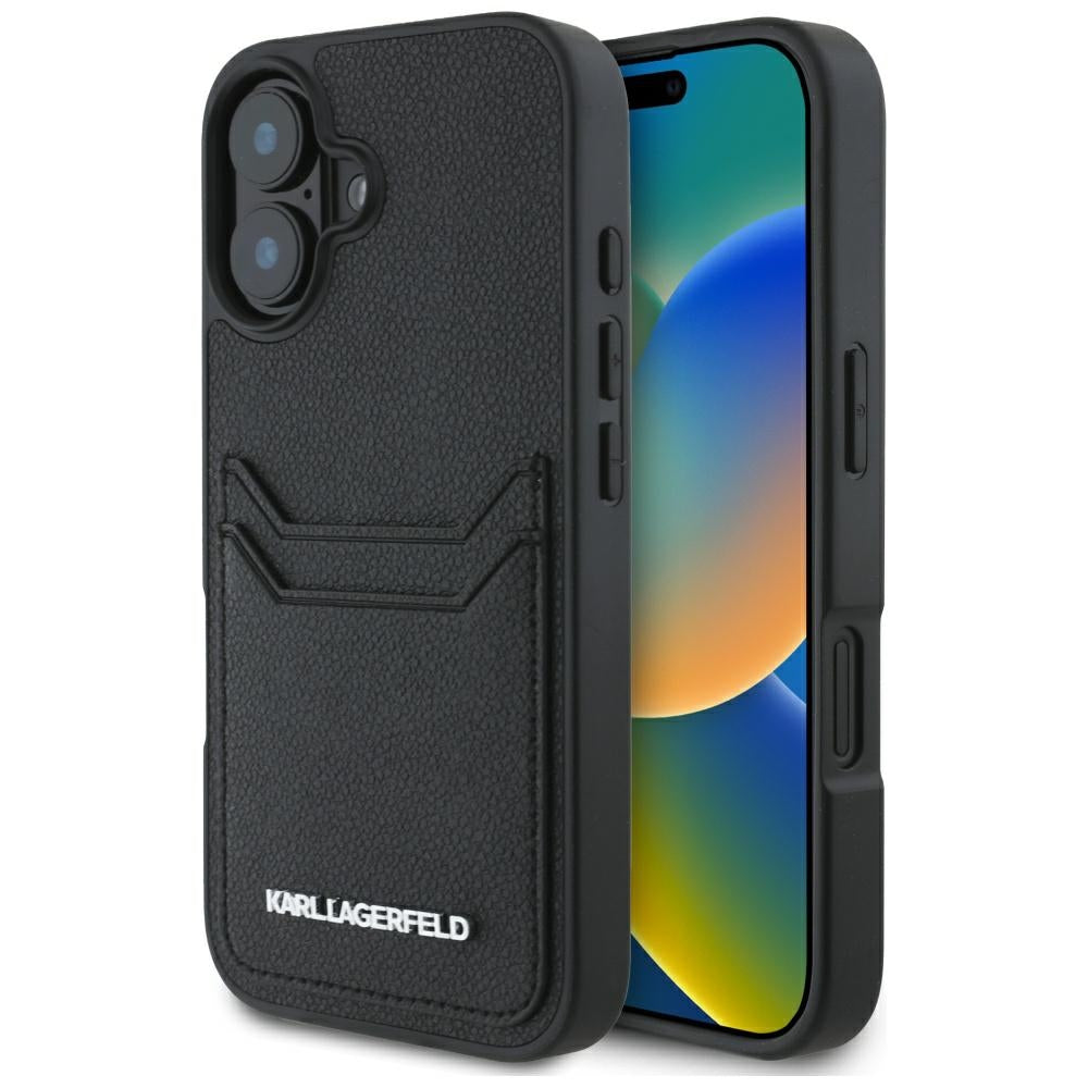 Hülle für Apple iPhone 16, Karl Lagerfeld, Grained Cardslots, Schwarz