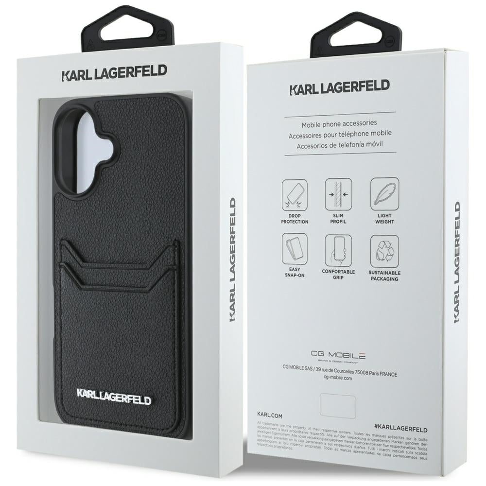 Hülle für Apple iPhone 16, Karl Lagerfeld, Grained Cardslots, Schwarz