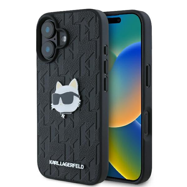 Hülle für Apple iPhone 16, Karl Lagerfeld, Monogram Choupette's Head, Schwarz