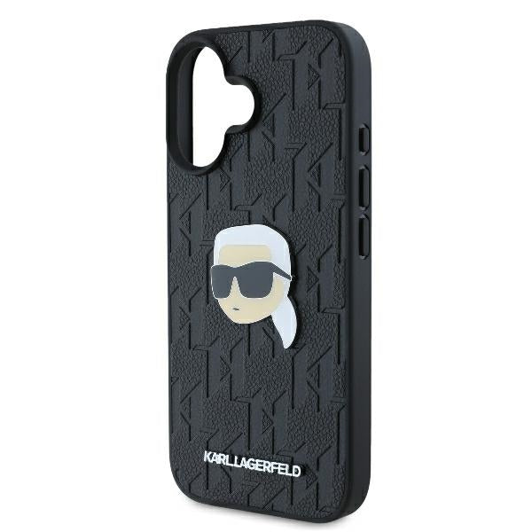Hülle für Apple iPhone 16, Karl Lagerfeld, Monogram Karl's Head, Schwarz