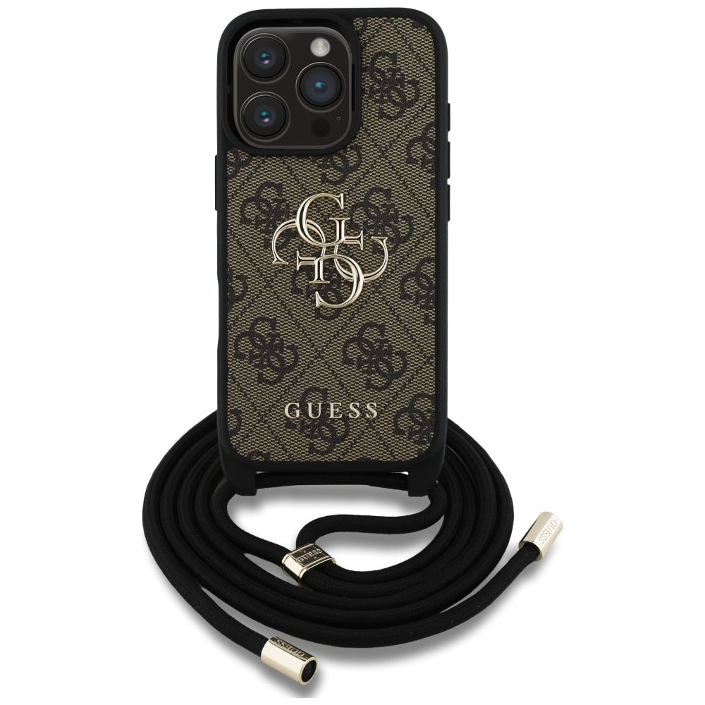 Hülle für Apple iPhone 16 Pro, Guess, 4G CBDY Big Logo mit Kordelband, Braun