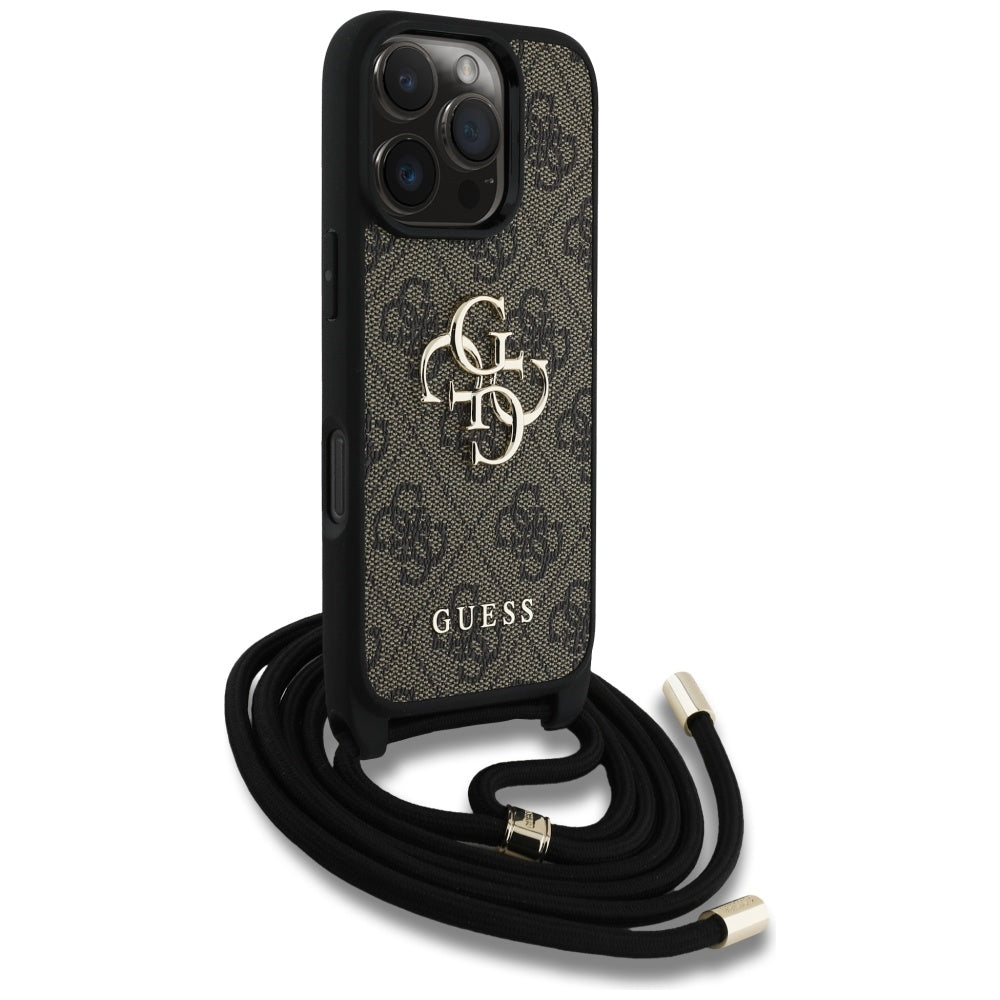 Hülle für Apple iPhone 16 Pro, Guess, 4G CBDY Big Logo mit Kordelband, Braun