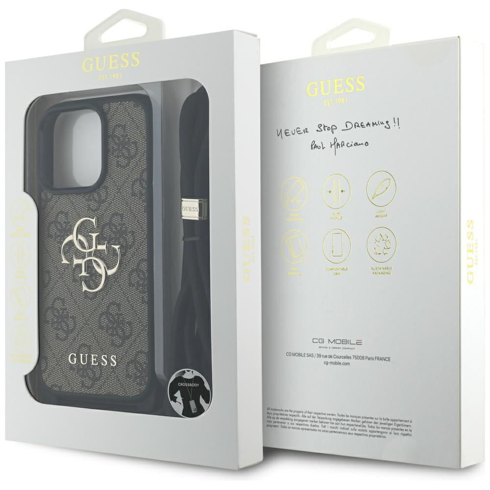 Hülle für Apple iPhone 16 Pro, Guess, 4G CBDY Big Logo mit Kordelband, Braun