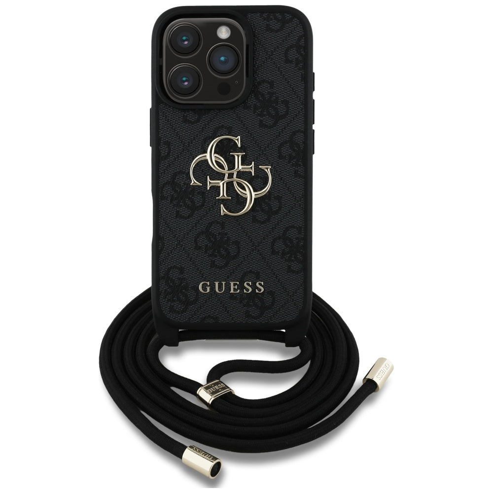 Hülle für Apple iPhone 16 Pro, Guess, 4G CBDY Big Logo mit Kordelband, Schwarz