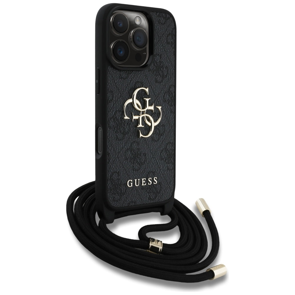 Hülle für Apple iPhone 16 Pro, Guess, 4G CBDY Big Logo mit Kordelband, Schwarz