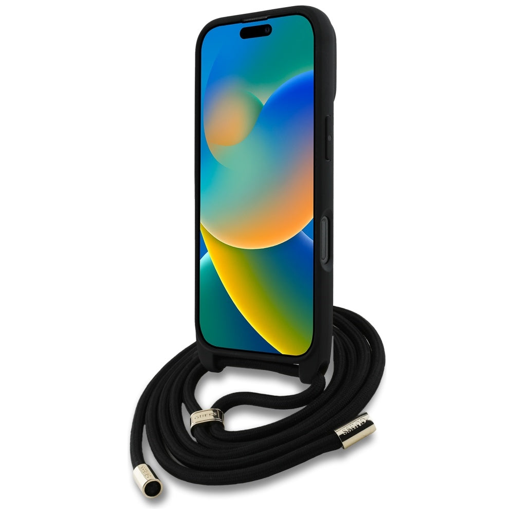 Hülle für Apple iPhone 16 Pro, Guess, 4G CBDY Big Logo mit Kordelband, Schwarz