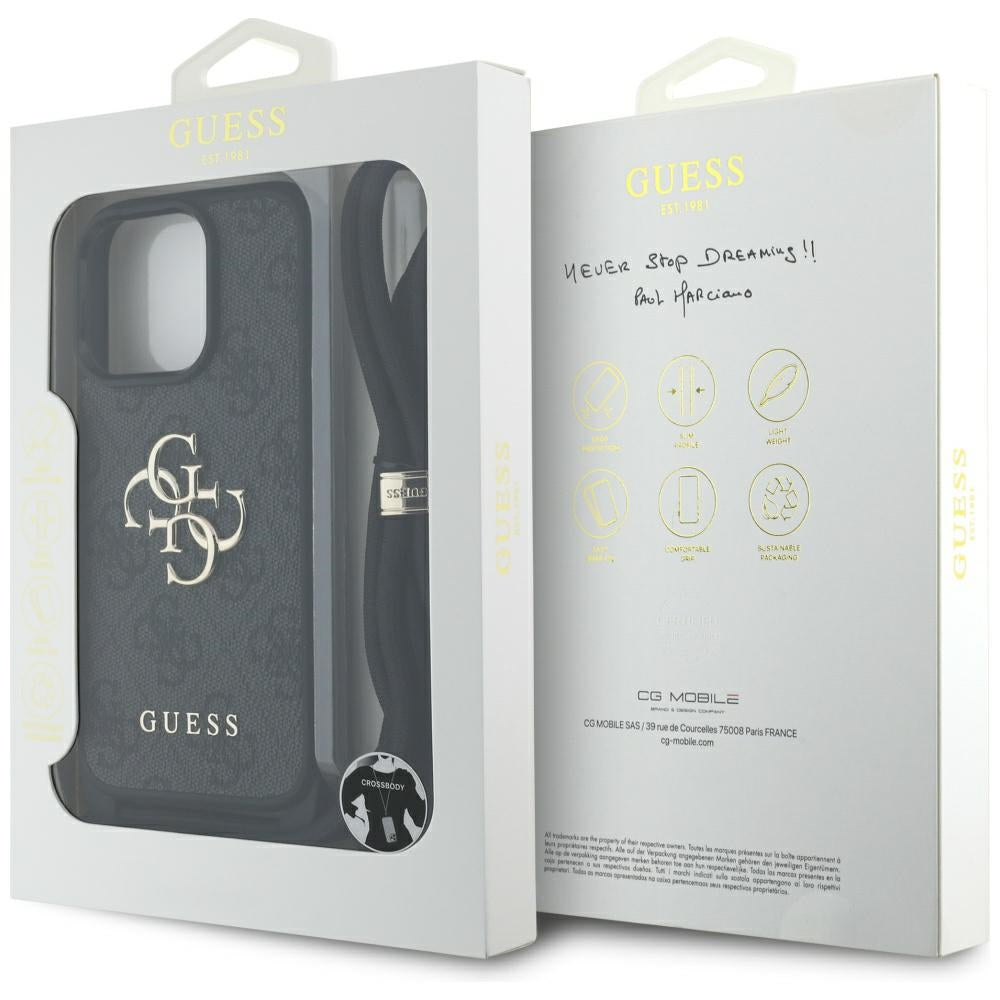 Hülle für Apple iPhone 16 Pro, Guess, 4G CBDY Big Logo mit Kordelband, Schwarz