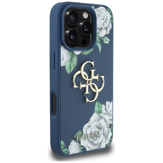Hülle für Apple iPhone 16 Pro, Guess, 4G Grained Roses Big Logo, Blau