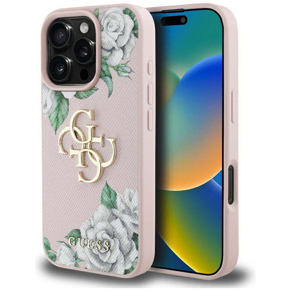 Hülle für Apple iPhone 16 Pro, Guess, 4G Grained Roses Big Logo, Rosa