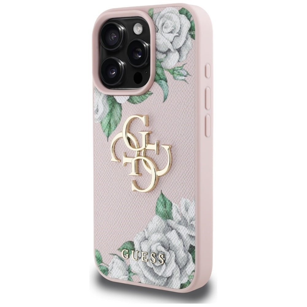 Hülle für Apple iPhone 16 Pro, Guess, 4G Grained Roses Big Logo, Rosa