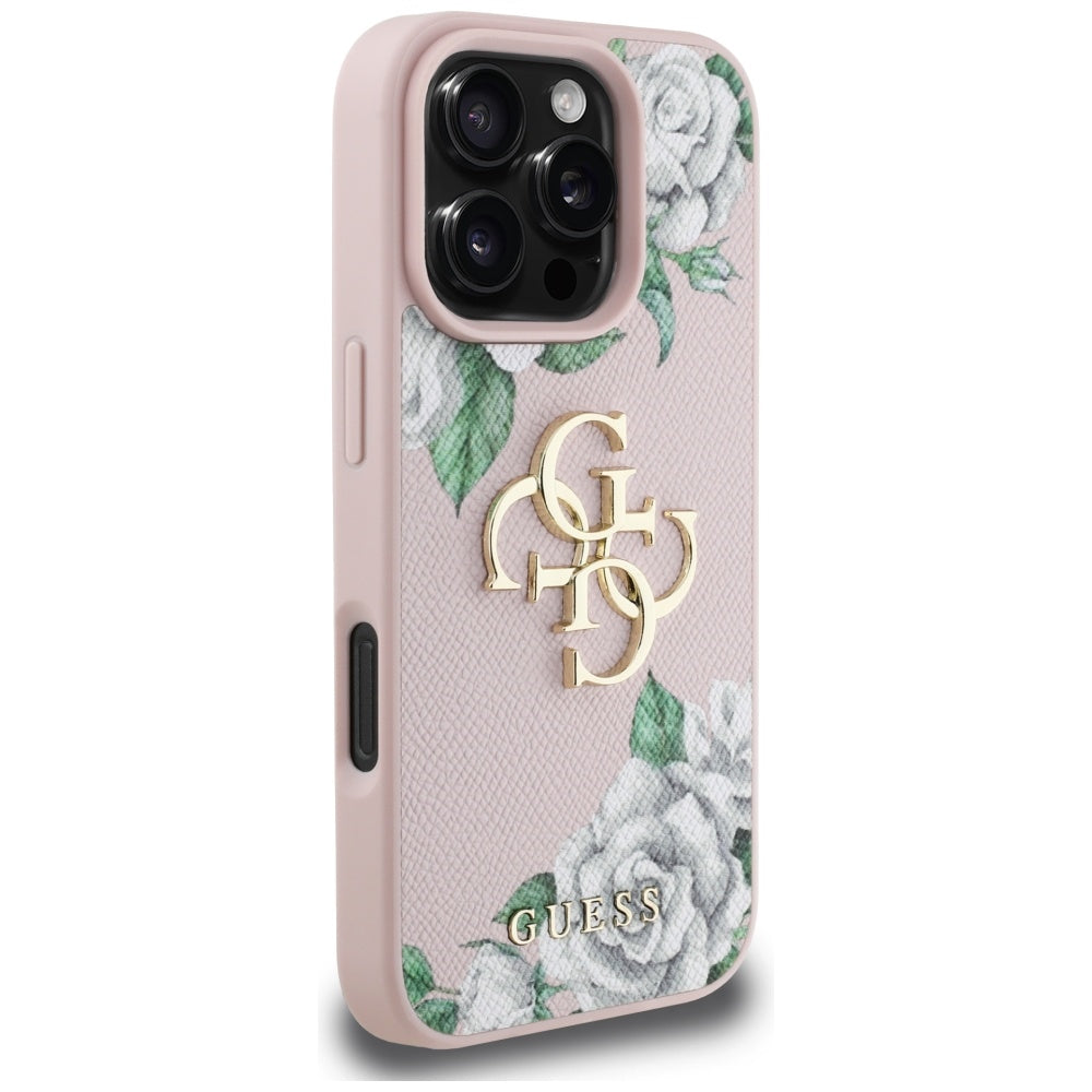 Hülle für Apple iPhone 16 Pro, Guess, 4G Grained Roses Big Logo, Rosa