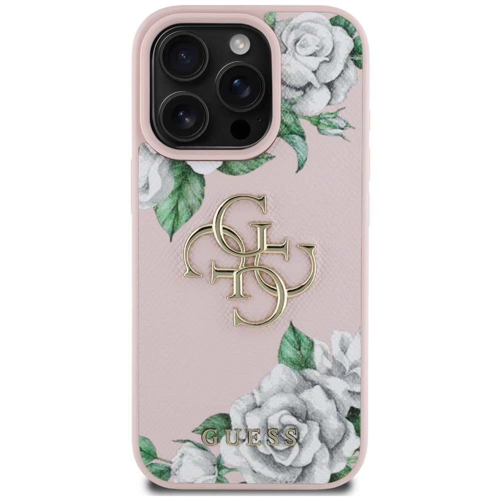 Hülle für Apple iPhone 16 Pro, Guess, 4G Grained Roses Big Logo, Rosa