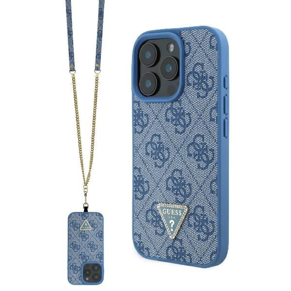 Hülle für Apple iPhone 16 Pro, Guess, Crossbody 4G Triangle Strass, Blau