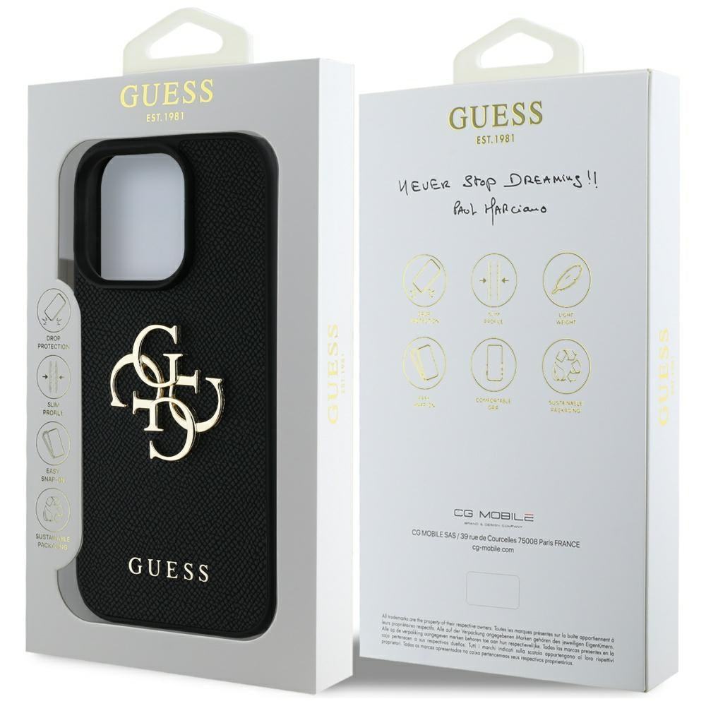 Case for Apple iPhone 16 Pro, Guess, Grained Big 4G Logo Small Classic Logo, Black