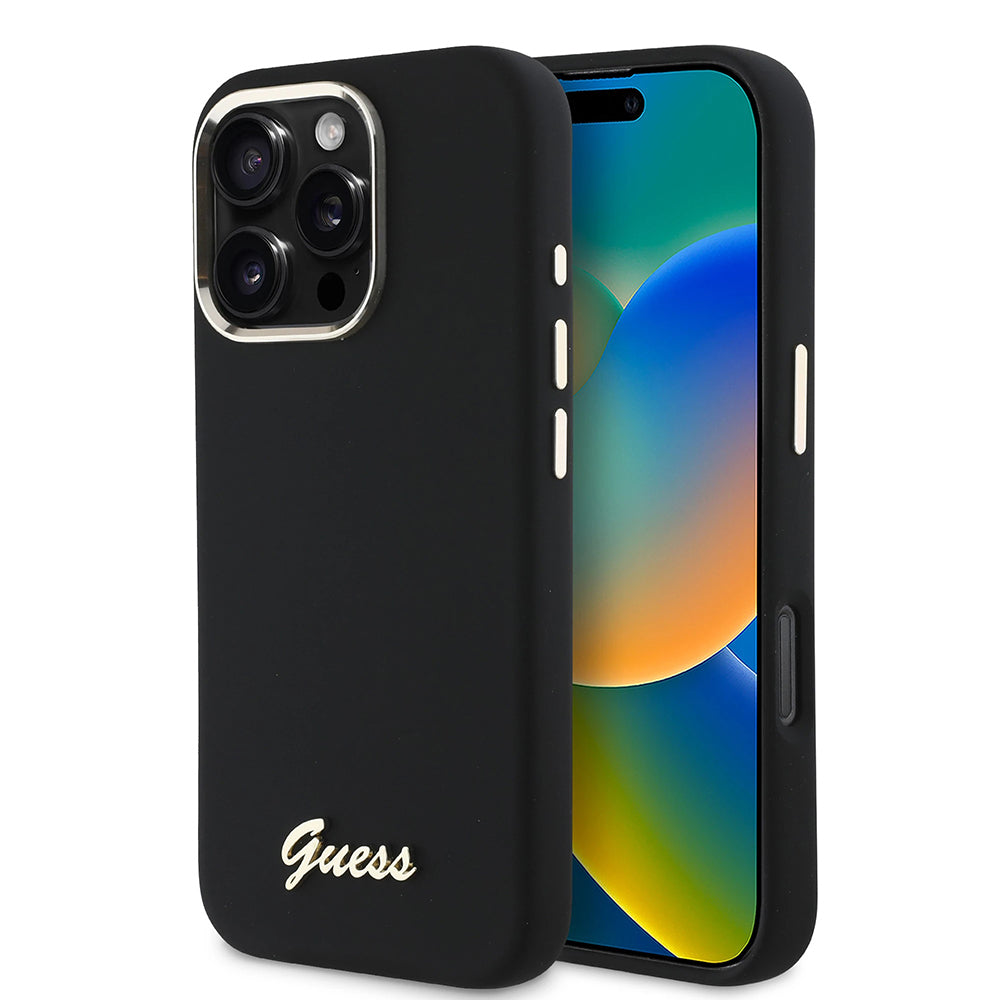 Hülle für Apple iPhone 16 Pro, Guess, Script Metal Logo & Rahmen, Schwarz