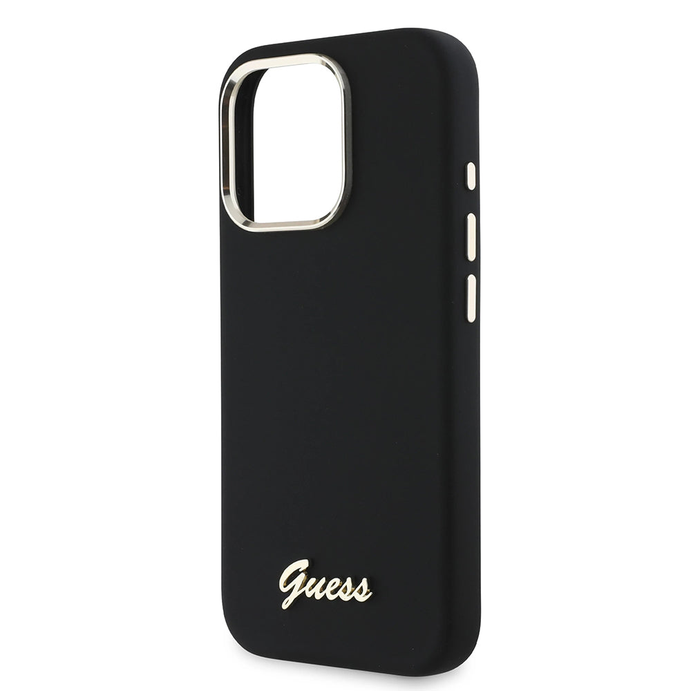 Hülle für Apple iPhone 16 Pro, Guess, Script Metal Logo & Rahmen, Schwarz