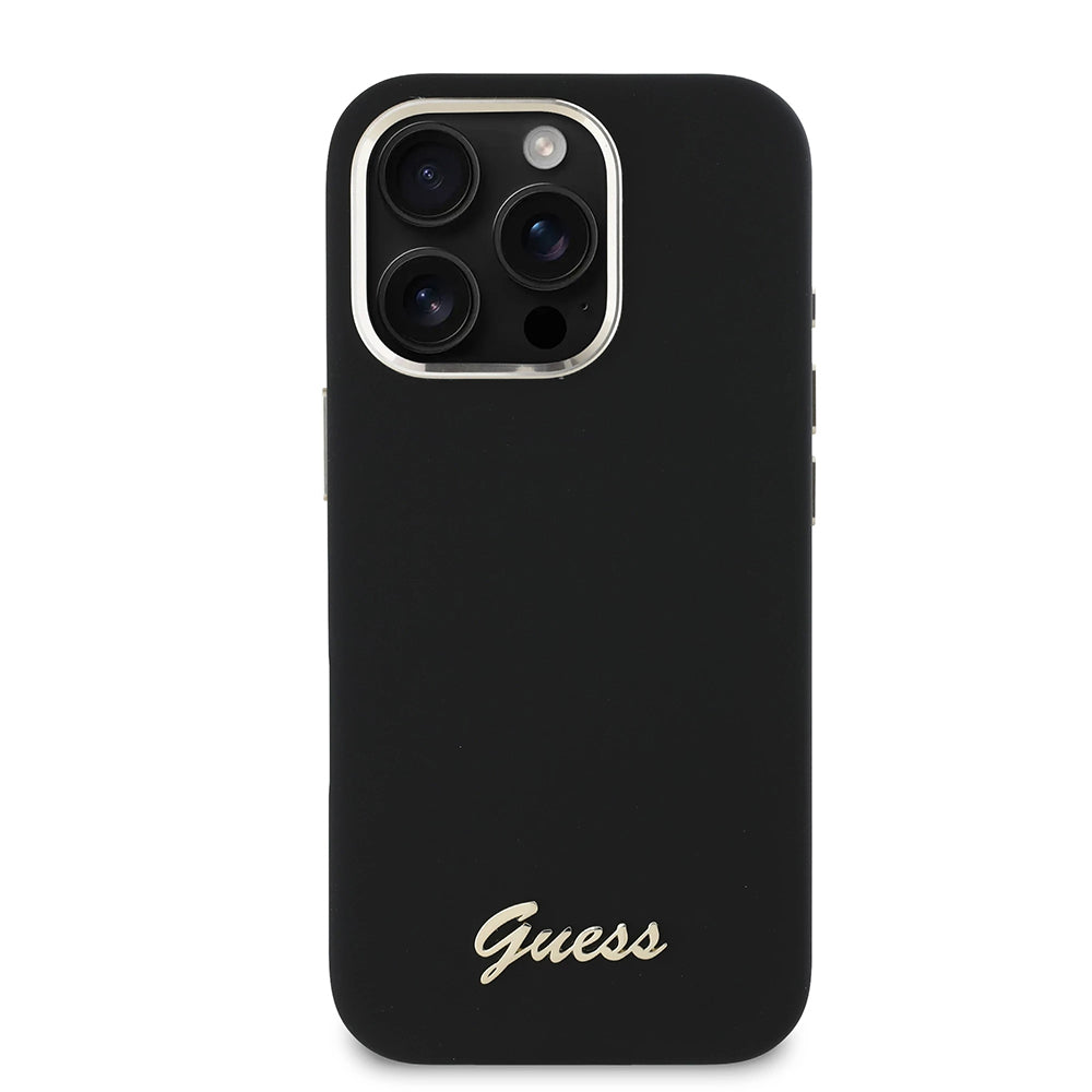 Hülle für Apple iPhone 16 Pro, Guess, Script Metal Logo & Rahmen, Schwarz