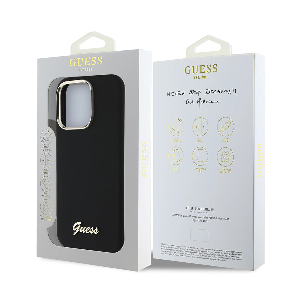 Hülle für Apple iPhone 16 Pro, Guess, Script Metal Logo & Rahmen, Schwarz