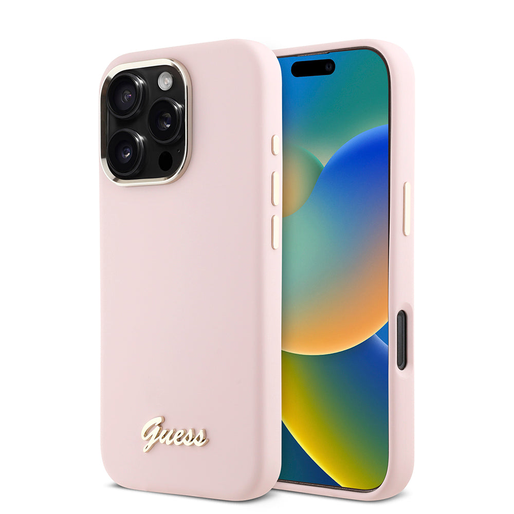 Hülle für Apple iPhone 16 Pro, Guess, Script Metal Logo & Rahmen, Rosa