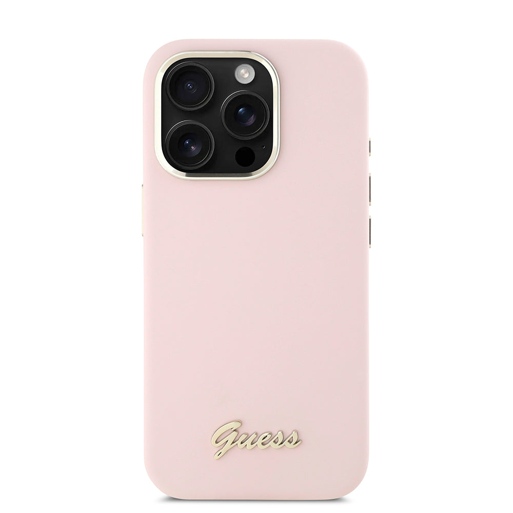 Hülle für Apple iPhone 16 Pro, Guess, Script Metal Logo & Rahmen, Rosa