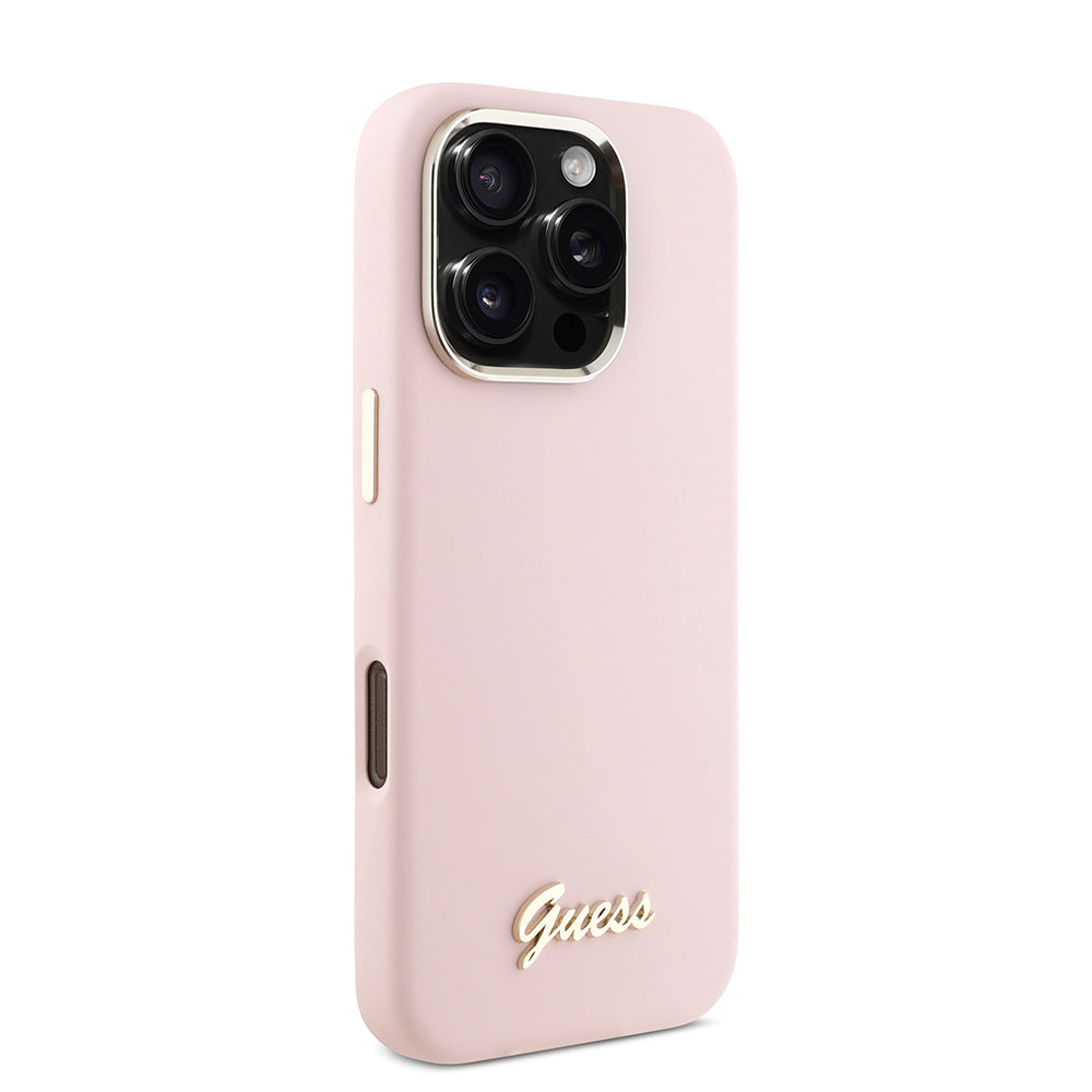 Hülle für Apple iPhone 16 Pro, Guess, Script Metal Logo & Rahmen, Rosa